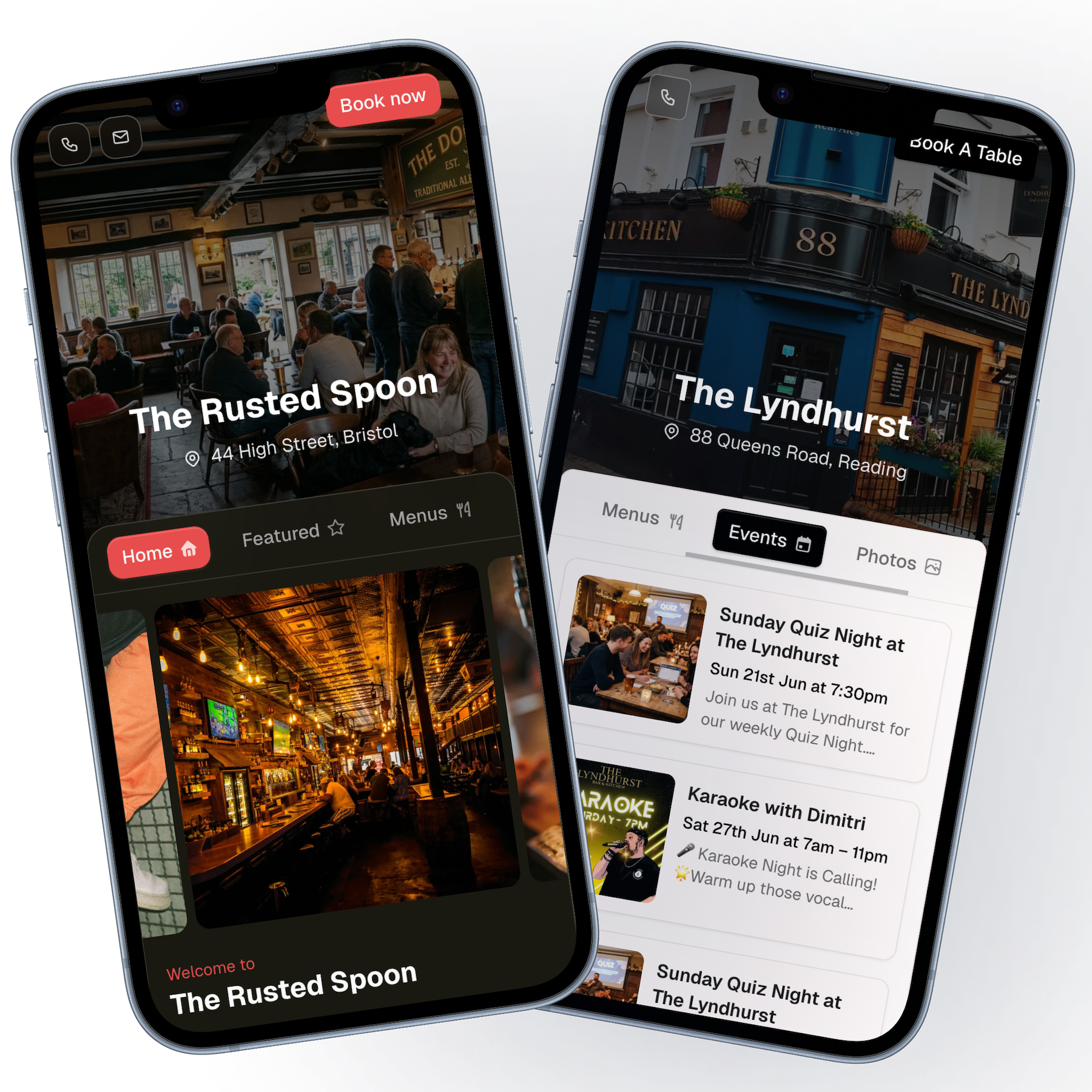 My Place venue websites on mobile, showing Rose & Crown and The George Wallis
